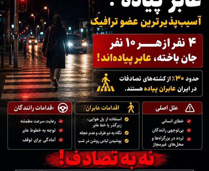 «عابر پیاده، آسیب‌پذیرترین عضو ترافیک است؛ با احتیاط و احترام، امنیت را برای او فراهم کنید.