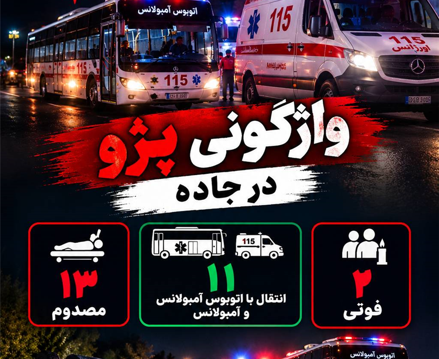 واژگونی خودروی پژو در محور کرمان–سیرجان با ۱۱ مصدوم و ۲ فوتی؛ اتوبوس‌آمبولانس سیرجان به‌کارگیری شد